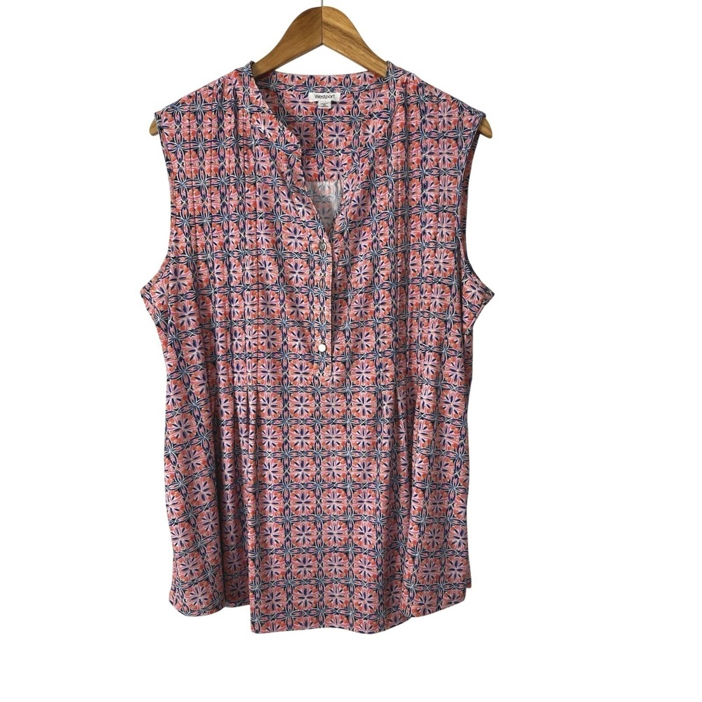 Westport Sleeveless Top Womens 1X Colorful Pullover V Neck Casual Office Beachy